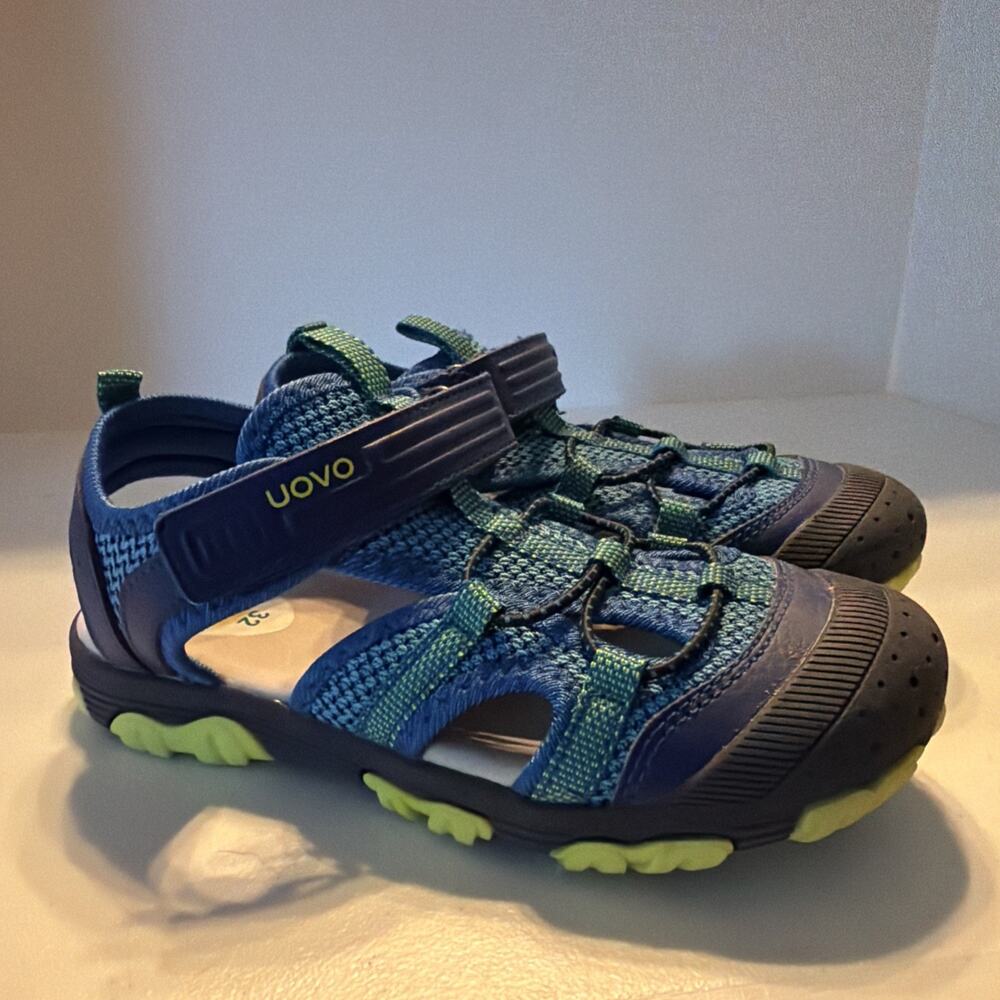 Uovo Boys Size 1.5/32 Athletic Hiking Shoes Hook &Loop Fastener Green Blue